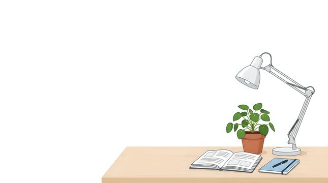 Workspace setup with wooden desk, adjustable desk lamp, potted plant, notebook and pen on white background, isolated for design use.