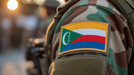 Obraz premium Proud Comoros soldier with flag patch on camouflage uniform representing national pride and military service for defense and security