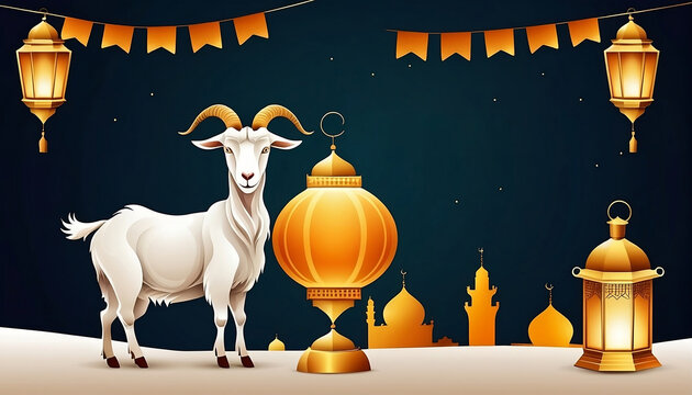 islamic bakra eid al adha mubarak with lantern and goat banner created with generative ai	