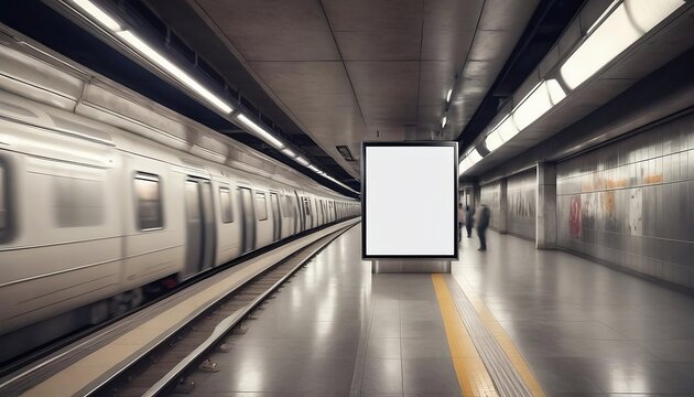 Blank advertising billboard in a subway station with passing trains and commuters, on a concrete and metallic background, concept of urban advertising, created with generative ai