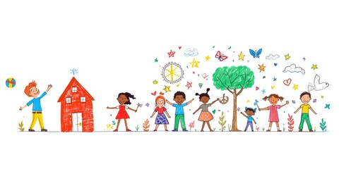 Fototapeta premium Hand drawn colorful of diverse children playing near a red house and tree with stars and butterflies