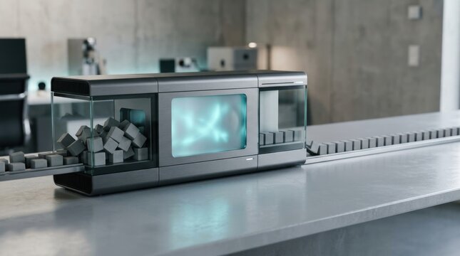 AI workflow transformation station with rough input blocks, precise output row and glowing window for office innovation header