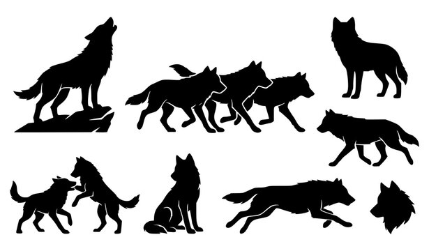 Wolf silhouette vector collection with howling and running wild wolves
