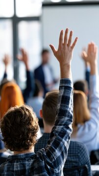 Employees Raising Hands During Corporate Training Seminar in a Modern Meeting Room