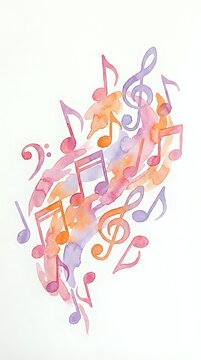 Watercolor musical notes and clefs in pink, purple, and orange tones flowing together on isolated white background. Suitable for music education, album covers, and design projects.