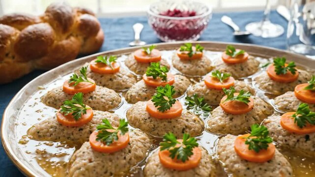 Traditional Jewish Gefilte Fish Served on a Platter with Carrots and Parsley