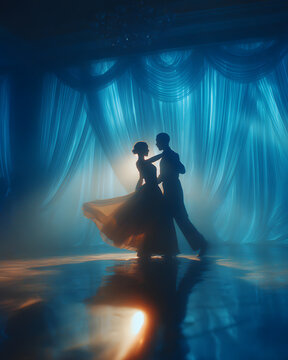 silhouette of a couple dancing in a ballroom, blue and bright curtains in the background wedding party opening dance, prom night banner