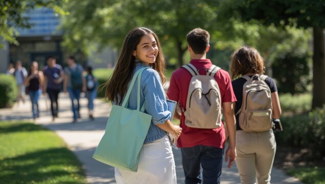 Happy female student walking on university campus carrying a tote bag and looking back at the camera with smile