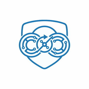 Abstract cybersecurity logo with digital circuit elements forming a shield and infinity symbol with an arrow, representing data protection and continuous technology