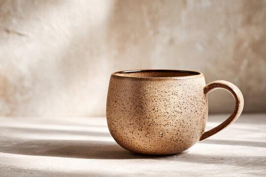 Round speckled stoneware mug with dark glaze rim on a light concrete surface in natural window light