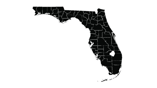 Black silhouette map of florida state with detailed county borders on white background