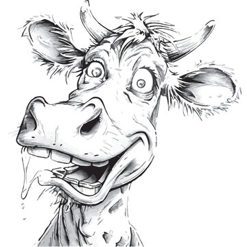 Cartoon cow with exaggerated facial features wide eyes open mouth teeth and drooling tongue humorous black and white sketch design