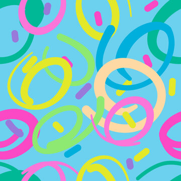 Bright abstract seamless pattern with colorful circles and lines on a blue background.  Vector illustration