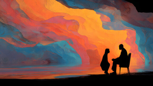 A therapist and client in deep conversation, their silhouettes merged with abstract art and colorful overlays, visualizing the power of therapy