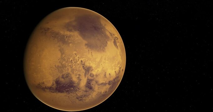 A detailed view of Mars shows its surface with varied terrain including craters, valleys, and distinctive coloration. This celestial body orbits the sun and holds scientific interest.