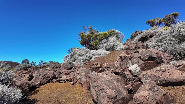 Scenic footage landscape of Piton de la Fournaise (Peak of the Furnace) 2632m, a volcano on the eastern side of Reunion island in the Indian Ocean and one of the most active volcanoes in the world.	