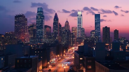 Obraz premium A vibrant city skyline at dusk, featuring illuminated skyscrapers and a rising stock market graph overlay