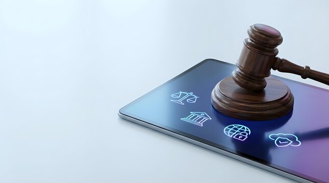 Wooden gavel resting on smartphone displaying legal icons and law symbols, representing digital justice, online legal services, and technology-based law practice solutions.
