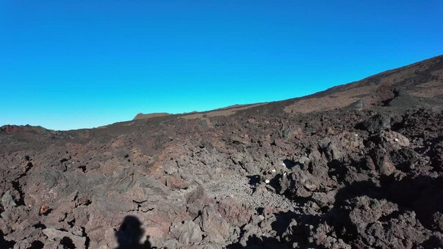 Scenic footage landscape of Piton de la Fournaise (Peak of the Furnace) 2632m, a volcano on the eastern side of Reunion island in the Indian Ocean and one of the most active volcanoes in the world.	