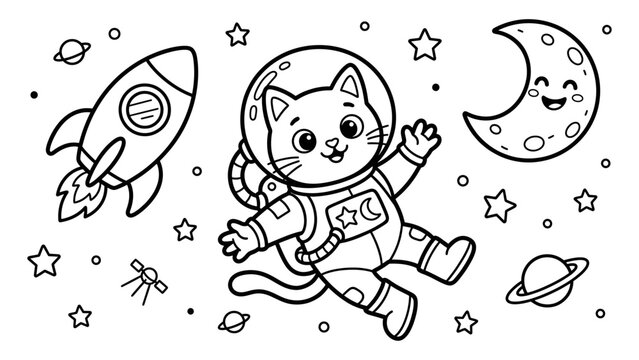 Cute cartoon cat astronaut floating in open space with rocket spaceship moon stars coloring book page