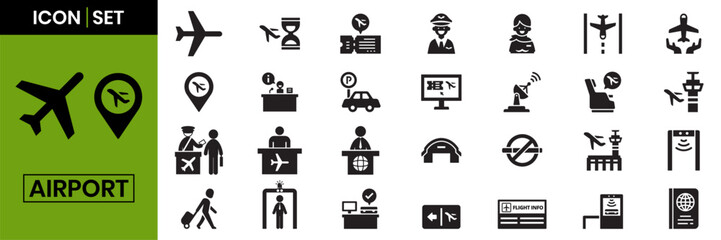 Airport and Aviation Solid Icon Set. Black Travel Vector Symbols Pack Featuring Airplane, Pilot, Passport Control, Luggage Baggage Claim, Flight Ticket, Gate Security, and Radar Elements. © AAK Designs