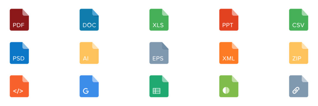 Document File Format Extensions Icon Set. Colorful Vector Labels Collection for PDF, DOC, XLS, PPT, CSV, PSD, AI, EPS, XML, ZIP, HTML. Flat Digital Data Storage Formats UI Graphic Assets.