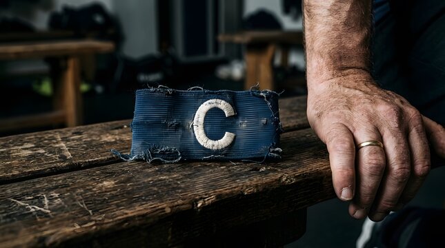 Worn blue captains armband with a white letter c resting on a rustic wooden bench
