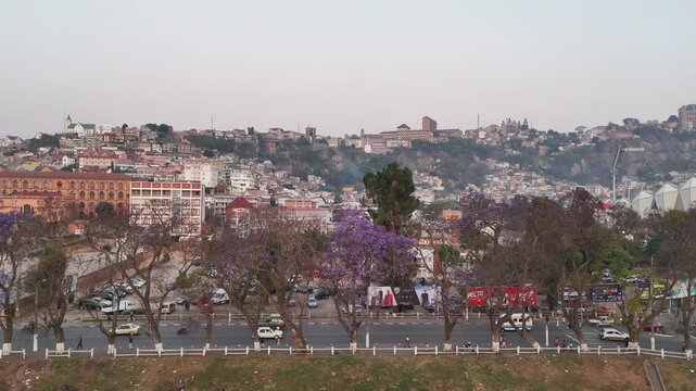 Cinematic aerial footage of the hazy cityscape of Antananarivo, Madagascar, featuring blooming purple Jacaranda trees along a busy road and the historic Rova palace on the hill.