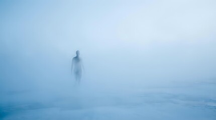 Fototapeta premium Solitary figure standing in dense fog on snowy landscape, creating atmospheric and eerie mood suitable for conceptual, editorial, and psychological themes.