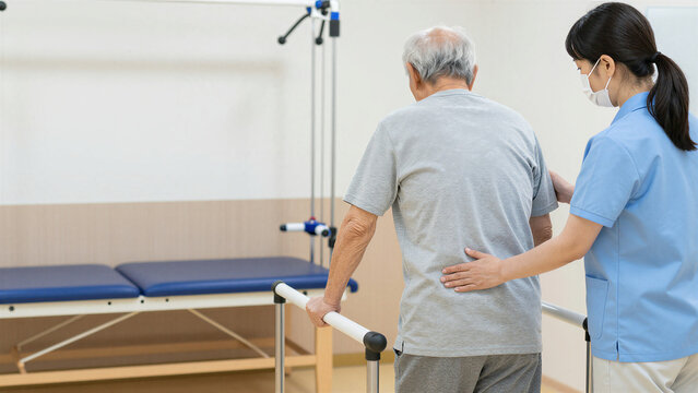 Senior Walking Training with Parallel Bars and Japanese Female Caregiver Support, Copy space on the left, Back View