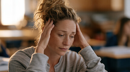 Fototapeta premium Third grade teacher presses her palms to her temples during a planning period, a grade book showing thirty-eight student names, student desks still close together from
