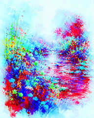 Fototapeta premium Dreamy watercolor landscapes featuring flower-lined streams in luminous pastel hues, blending delicate blooms, soft reflections, and tranquil garden serenity.