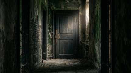 Fototapeta premium Dark Abandoned Corridor Leading to Old Locked Door with Occult Symbols, Haunted Interior Mystery Concept