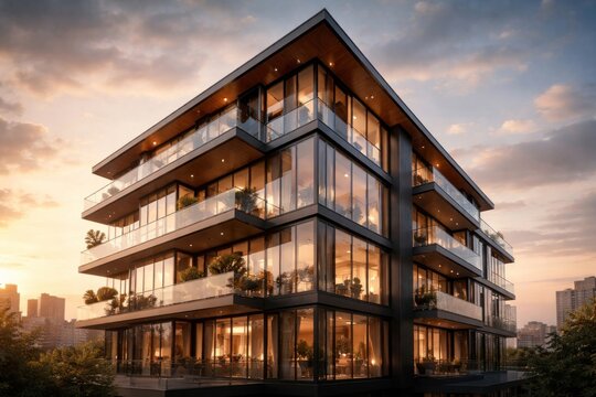 Modern glass building at sunset.