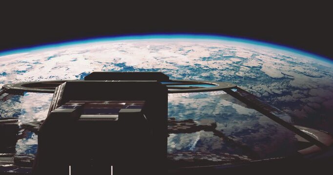 A stunning view from a space station showcasing the curvature of Earth at night, illuminated by city lights. The scene captures the intricacies of the planet atmosphere and surface.