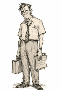 Expressive pencil sketch of a weary salesman carrying a briefcase and brochures, featuring exaggerated cartoon proportions, humorous character design, and vintage illustration style.