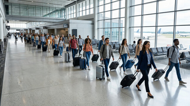 Busy travelers walking with luggage in bustling airport terminal  