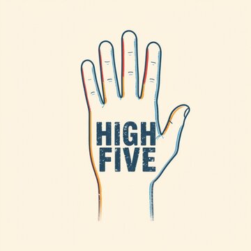 Minimalist five hand gesture with grunge typography on a soft cream colored background high-five