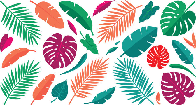 Colorful tropical palm leaves and monstera plant set