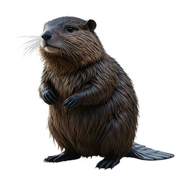 Realistic brown beaver standing on hind legs, isolated on white background, wild animal portrait