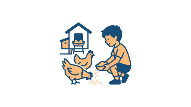Boy Feeding Chicken in Yard Daily.