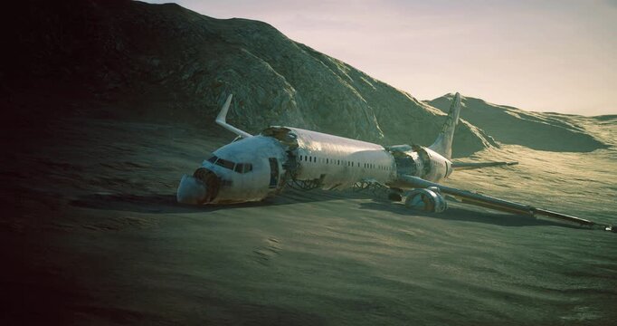 An old airplane shell lies on a barren landscape, surrounded by rocky terrain. The sun sets in the background, casting a warm glow on the rusting fuselage and giving a sense of solitude.