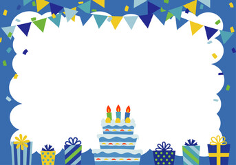 Fototapeta premium Blue Birthday Party Background with Cake and Gifts Vector Frame
