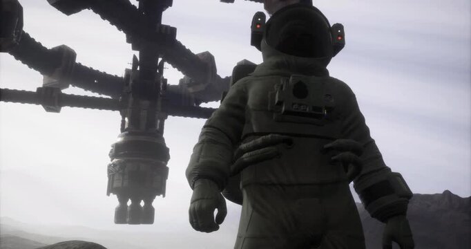 An astronaut stands in front of a large, intricate structure on Mars, with the soft light of twilight casting shadows on the alien terrain. Curiosity and adventure fill the air.