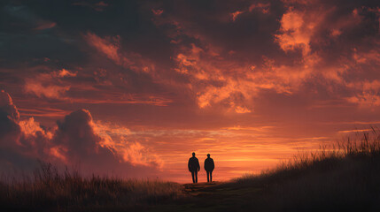 Fototapeta premium Two male friends stand silhouetted against a vibrant sunset.
