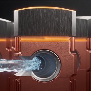 Cross Section of Nuclear Fusion Divertor Components, Close-up of High Pressure Cooling Water Flowing Through Tungsten and Copper Monoblock