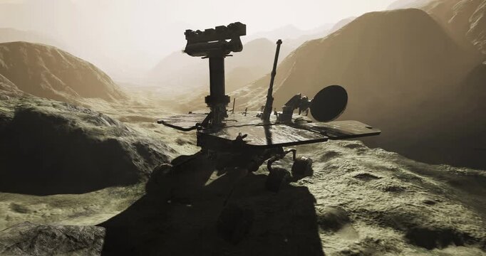 Mars Opportunity rover navigates the rugged landscape of the Martian surface, capturing data and images while traversing the varied terrain in the soft glow of sunlight during dusk.