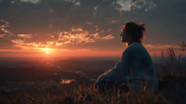 A woman in a white sweater sits on a grassy hilltop, looking at the sunset over the horizon in a tranquil rural setting, expressing contemplation and peace.