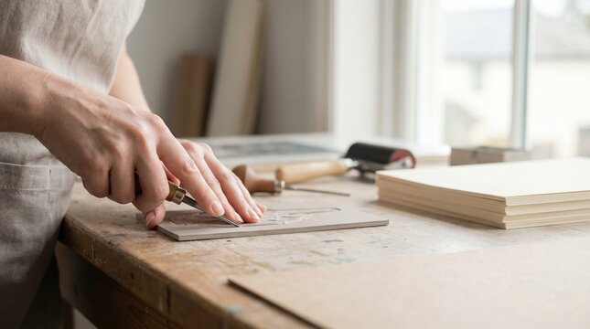 Womans hands carving a linocut block with a gouge in a bright studio