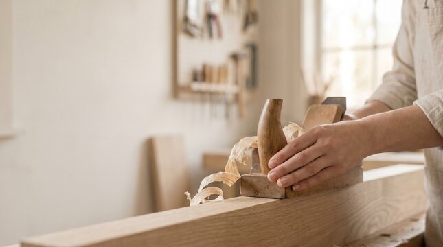 Hand guiding a wooden hand plane over oak, fine curled shavings